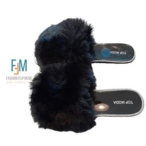 New! Top Moda Rhinestone Trim Faux Fur Fluffy Slides Slippers 10